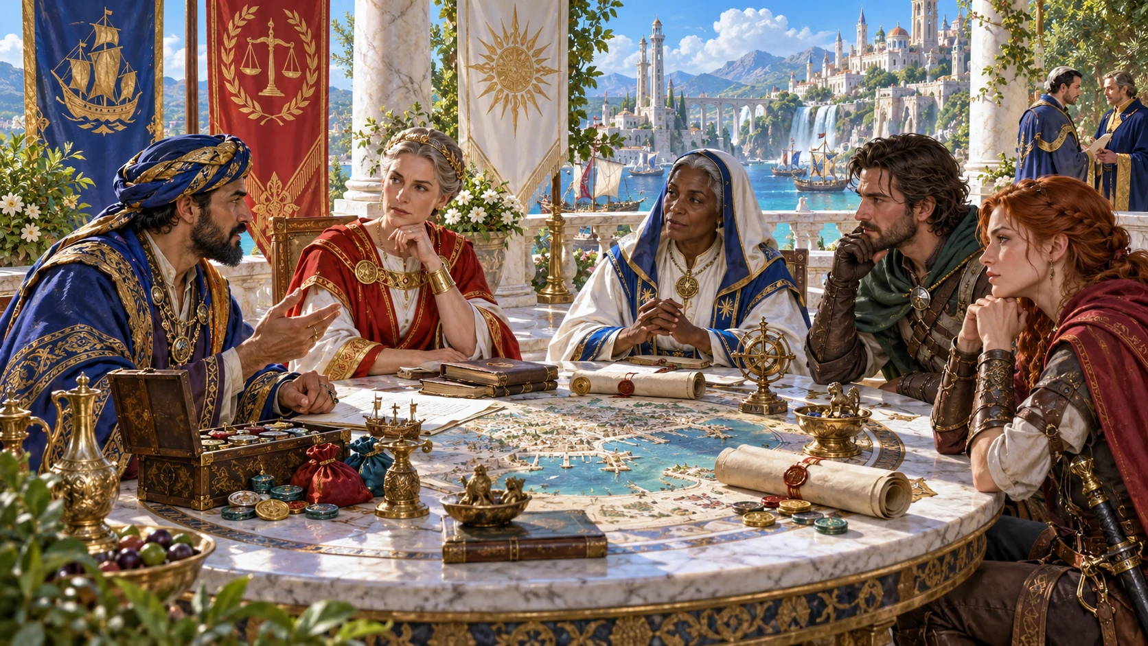 Fantasy illustration of five political negotiators discussing maps and sealed documents on a palace terrace