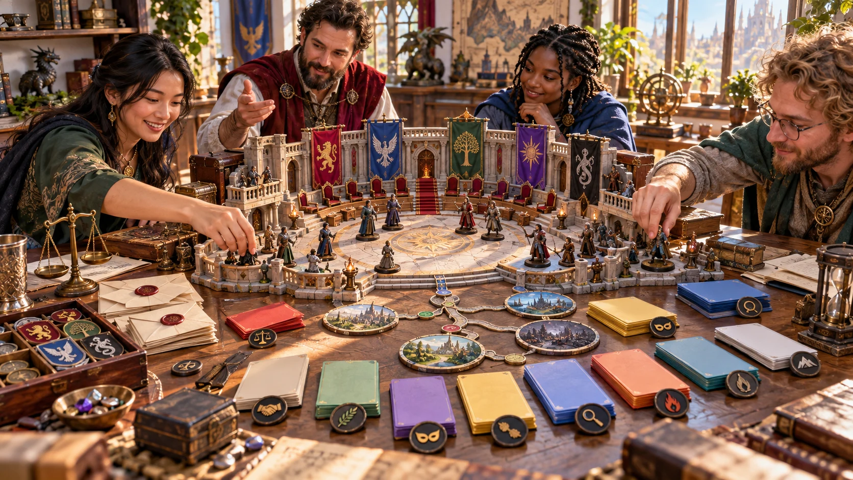 Fantasy illustration of tabletop companions arranging political figures in a miniature council chamber